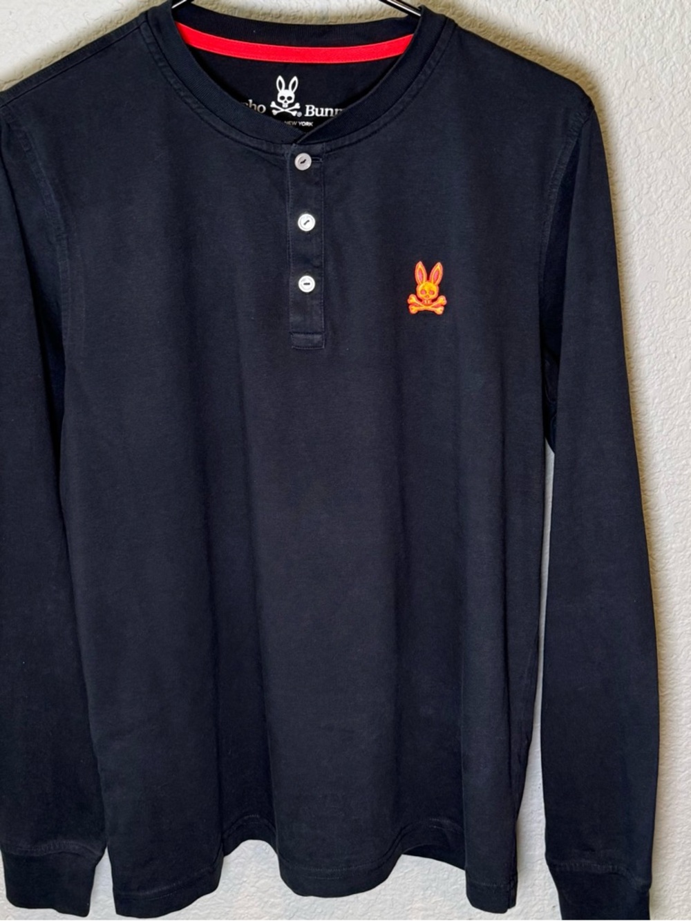 Psycho Bunny Navy Long Sleeve Roscoe Henley with Orange Bunny Logo
